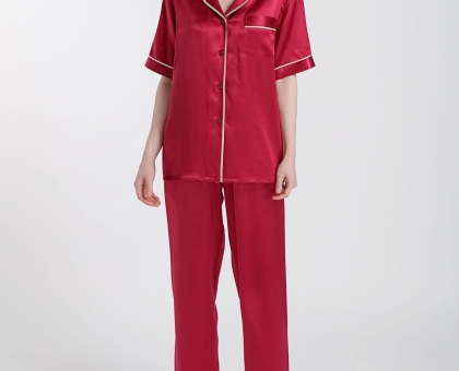 Đồ Bộ Nữ Pijama Mặc Nhà YAMO Chất Liệu Latin Tay Cộc Quần Dài Trơn Màu ĐỎ ĐÔ